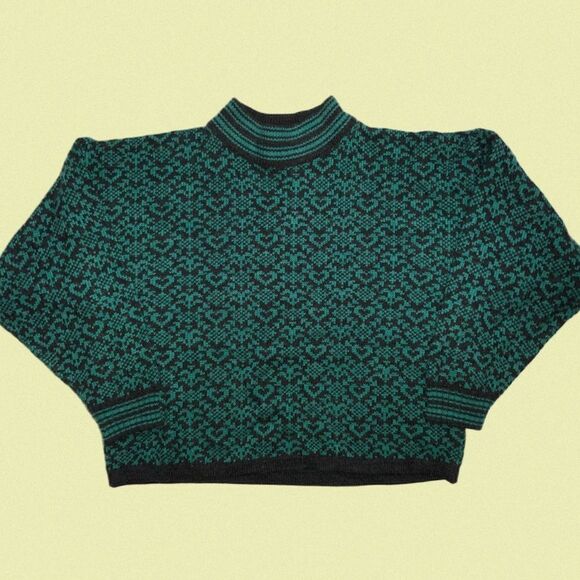 vintage bay club medium wool acrylic blend sweater mockneck hearts‎ blue grey - Picture 2 of 7